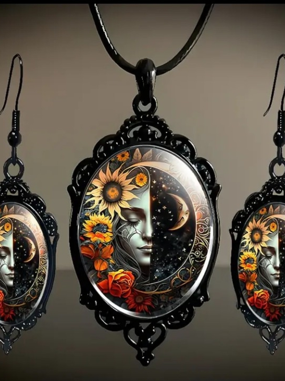 Sun & Moon Floral Pendant Necklace & Earring Set